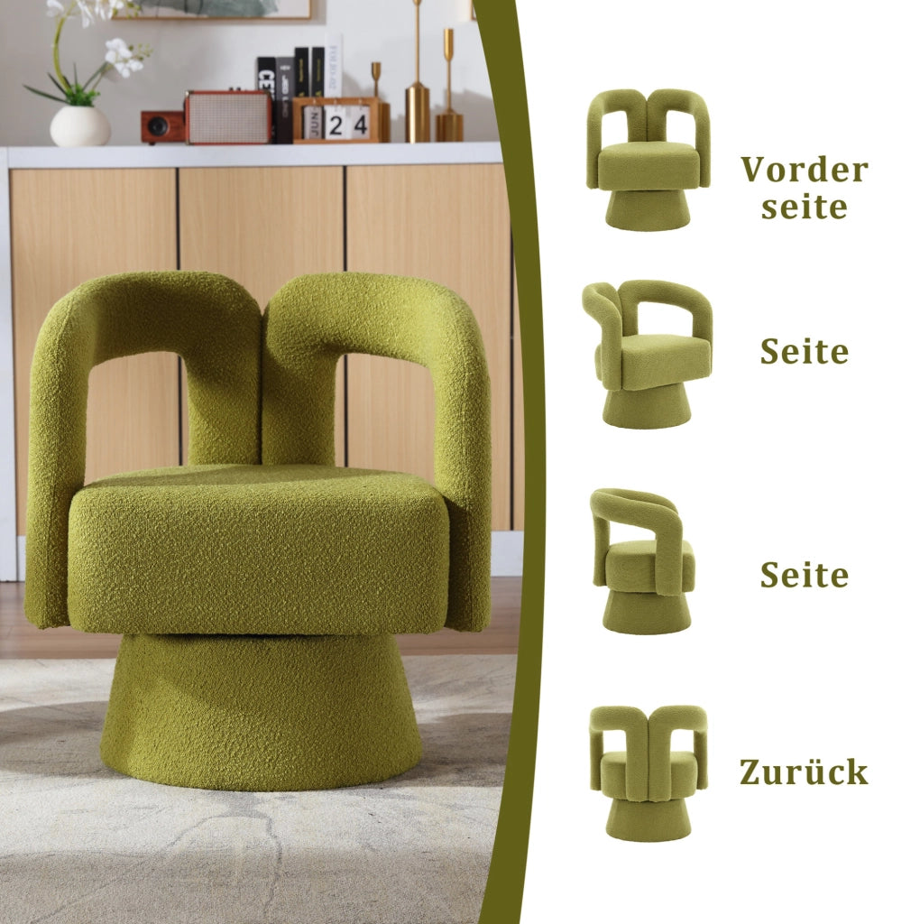 Poltrona girevole a 360° in bouclé verde oliva; 67 × 55 × 74 cm