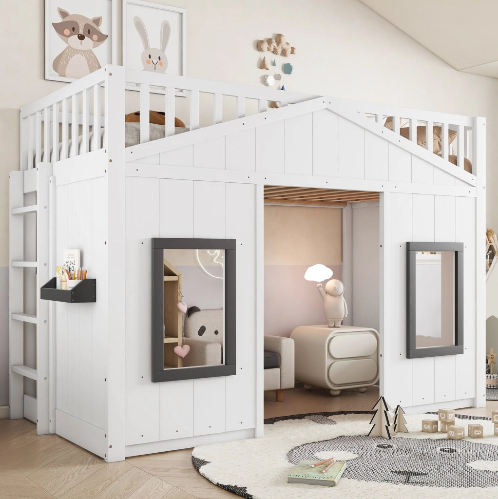 Letto a castello per bambini 90x200 cm con scala e finestre