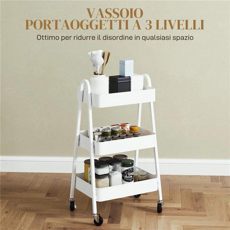 CARRELLO CUCINA MULTIUSO A 3 LIVELLI RUOTE GIREVOLI CON FRENO E MANIGLIE BIANCO 42.4X29.8X74.5 CM