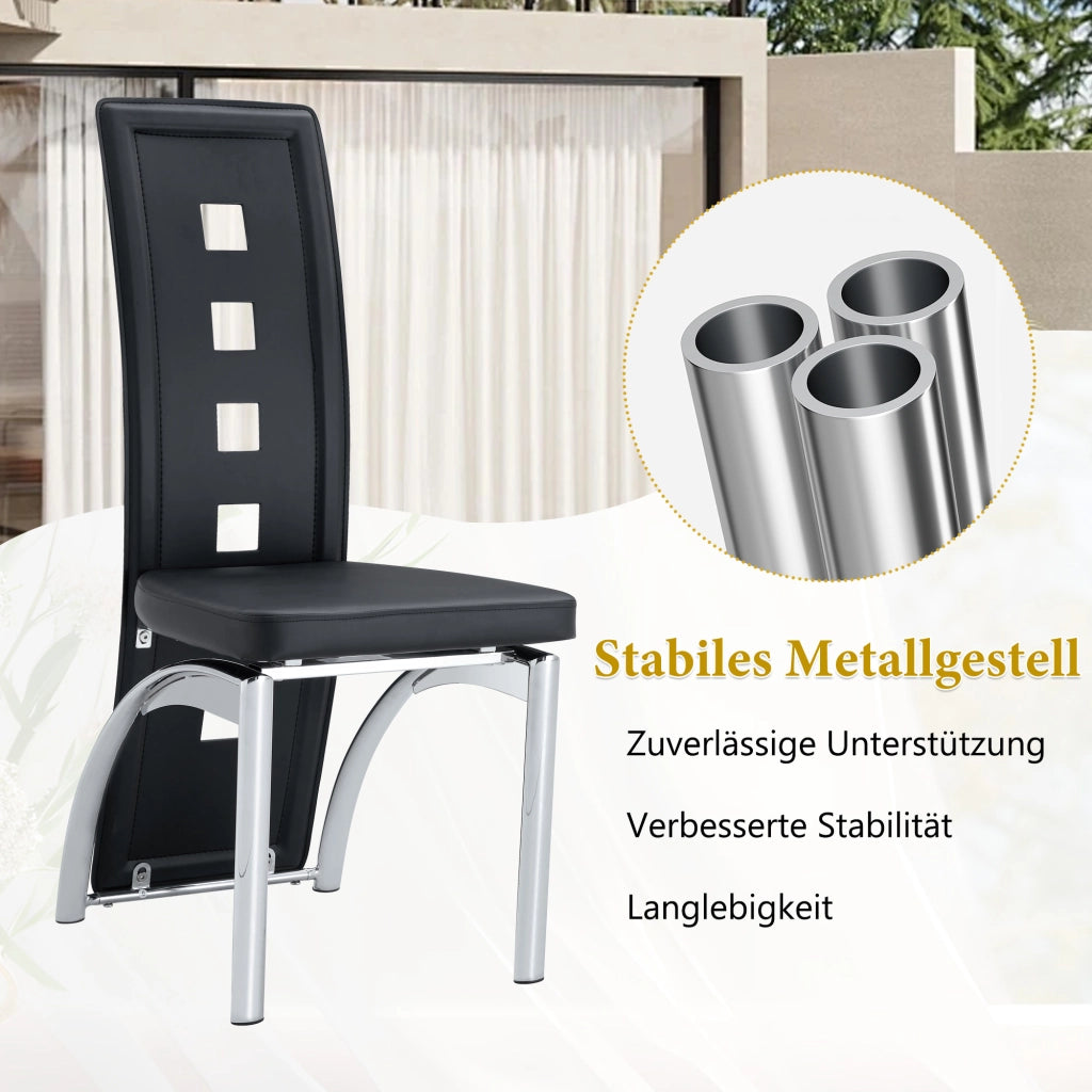 Sedie da pranzo in PU pelle con schienale traforato e gambe in metallo, set 2 pezzi, nero e argento