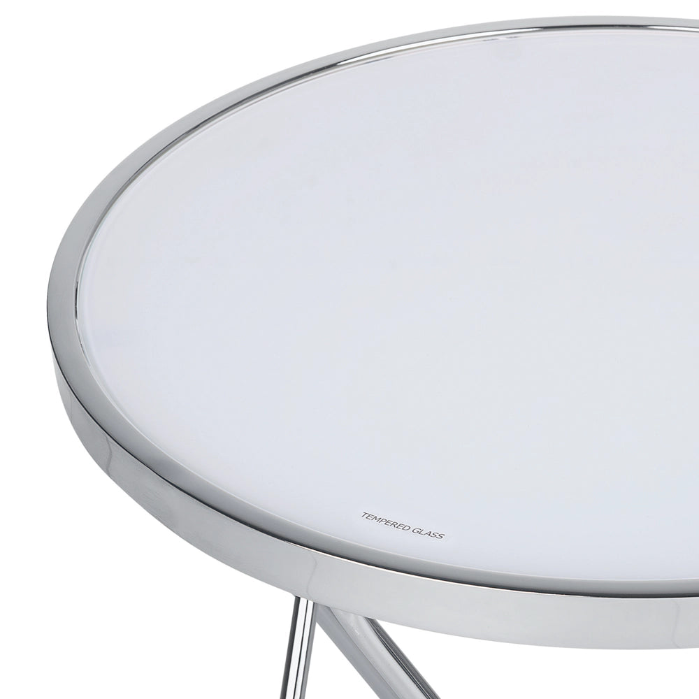 Tavolino Piano In Vetro Temperato Bianco Gambe A Forcella In Metallo Argento Forma Rotonda