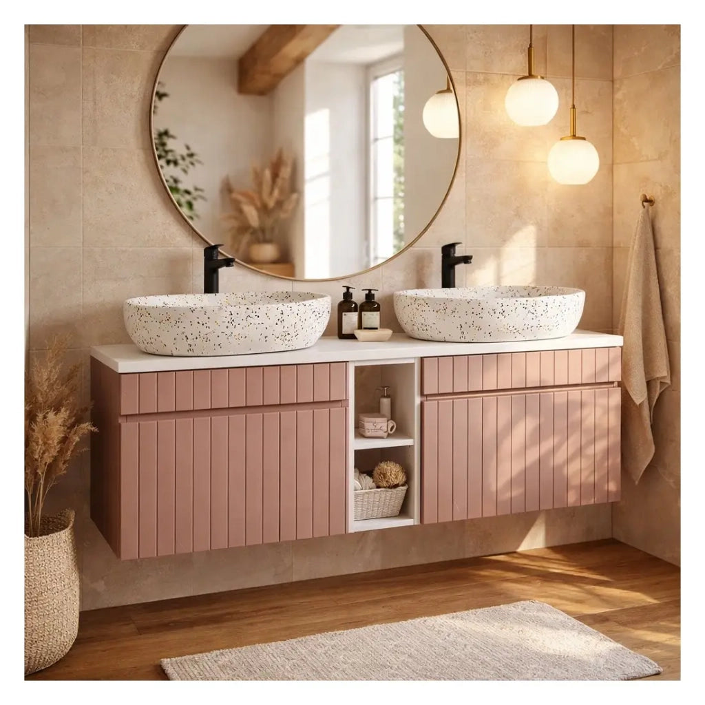 Set ICON: mobile sottolavabo 140cm con nicchie visibili + piano per lavabo + due lavabi da appoggio marmorizzati