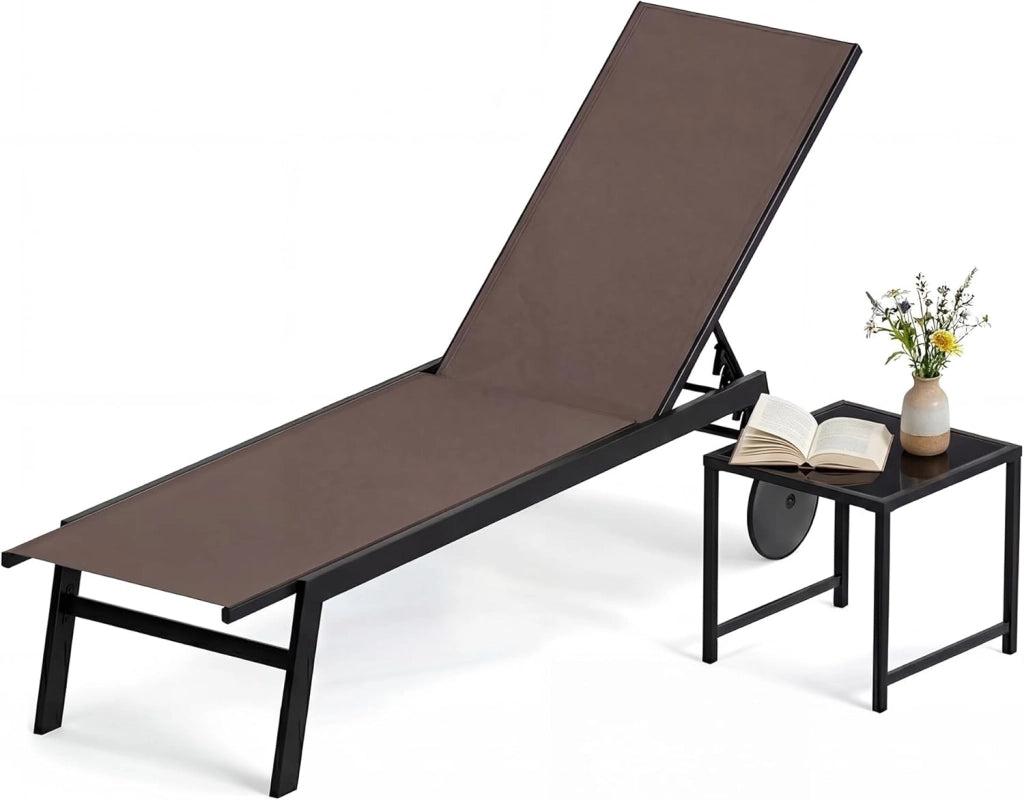 Lettino da giardino con ruote e tavolino, resistente alle intemperie, con schienale regolabile in 6 posizioni, sedia a sdraio con telaio in metallo fino a 150 kg, per giardino, terrazza