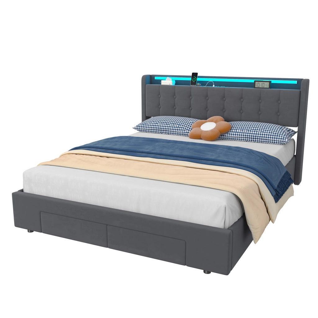 LETTO Imbottito 160 x 200 cm Grigio Scuro con Contenitore, Cassetti, USB e LED