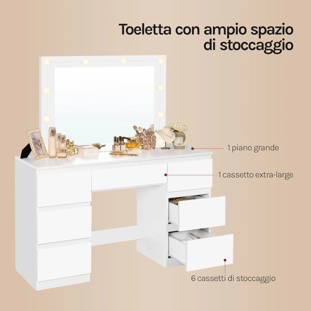 Grande toeletta da trucco, Toeletta con Specchio e Luci, Tavolo da trucco con specchio, Postazione Trucco con 7 cassetti per Camera da Letto, bianco, 107 cm