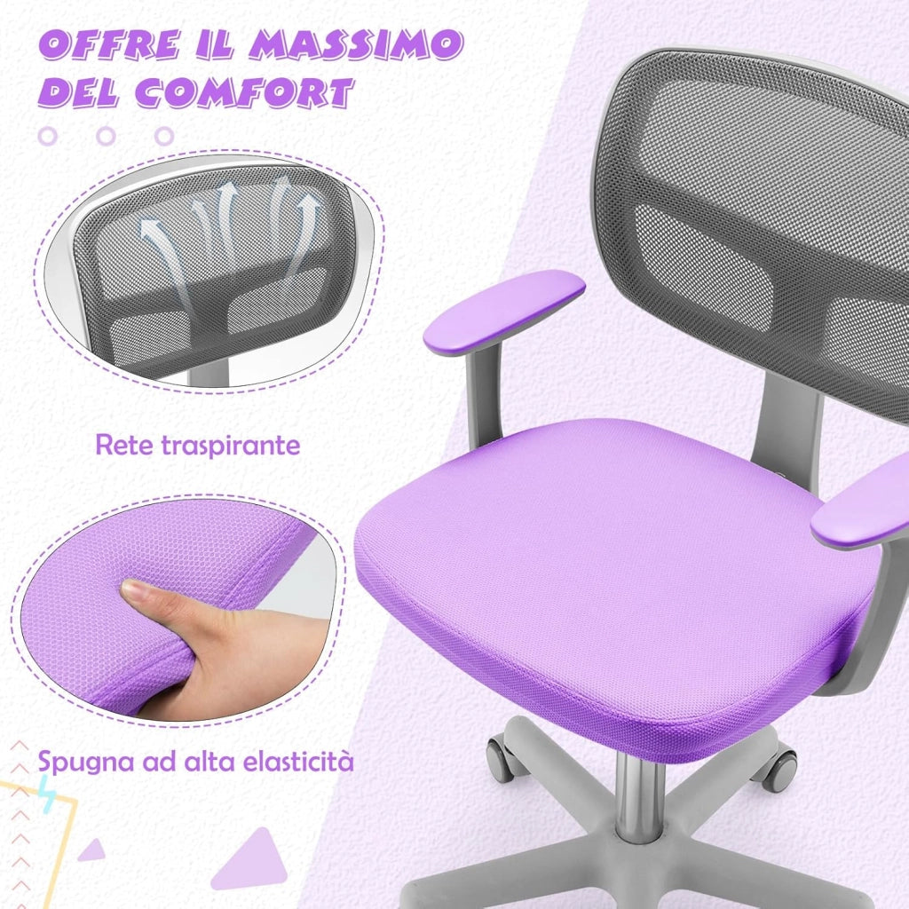 Sedia per Scrivania per Bambini, Sedia per Computer per Bambini con Altezza Regolabile, Ruote con Freni, Sedile Girevole a Rete, Sedia Ergonomica per Bambini 3-10 Anni (Viola chiaro)