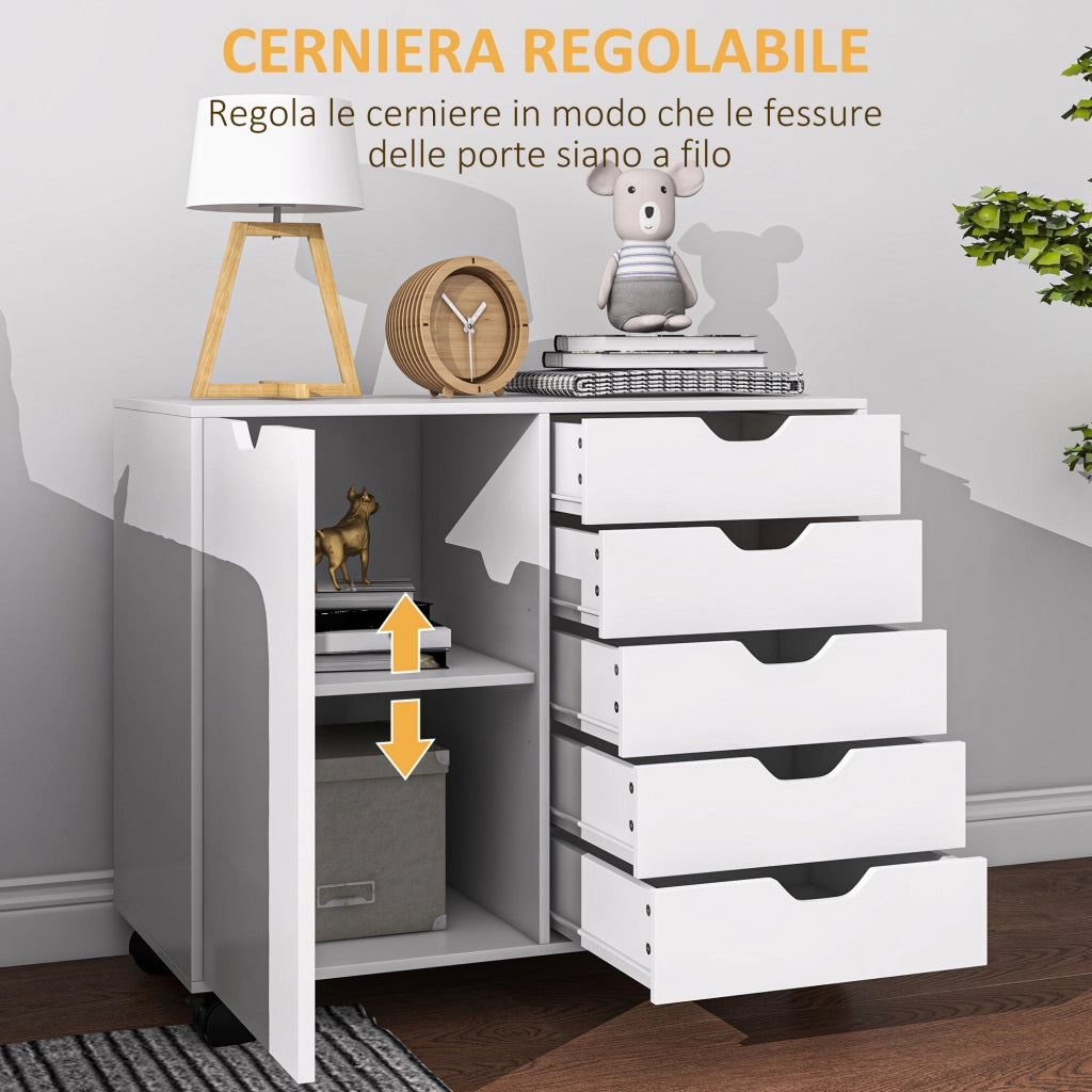 Cassettiera da Ufficio 78x40x66,5 cm Mobile Laterale con 5 Cassetti con Ruote in Melamina Bianco