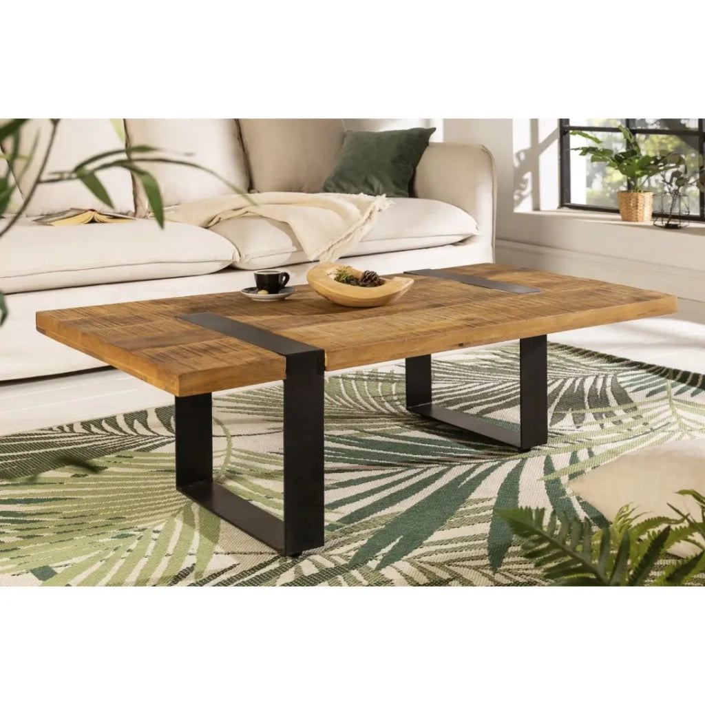 Tavolino basso LODEN 100 cm in legno massiccio di mango e metallo nero - design industriale