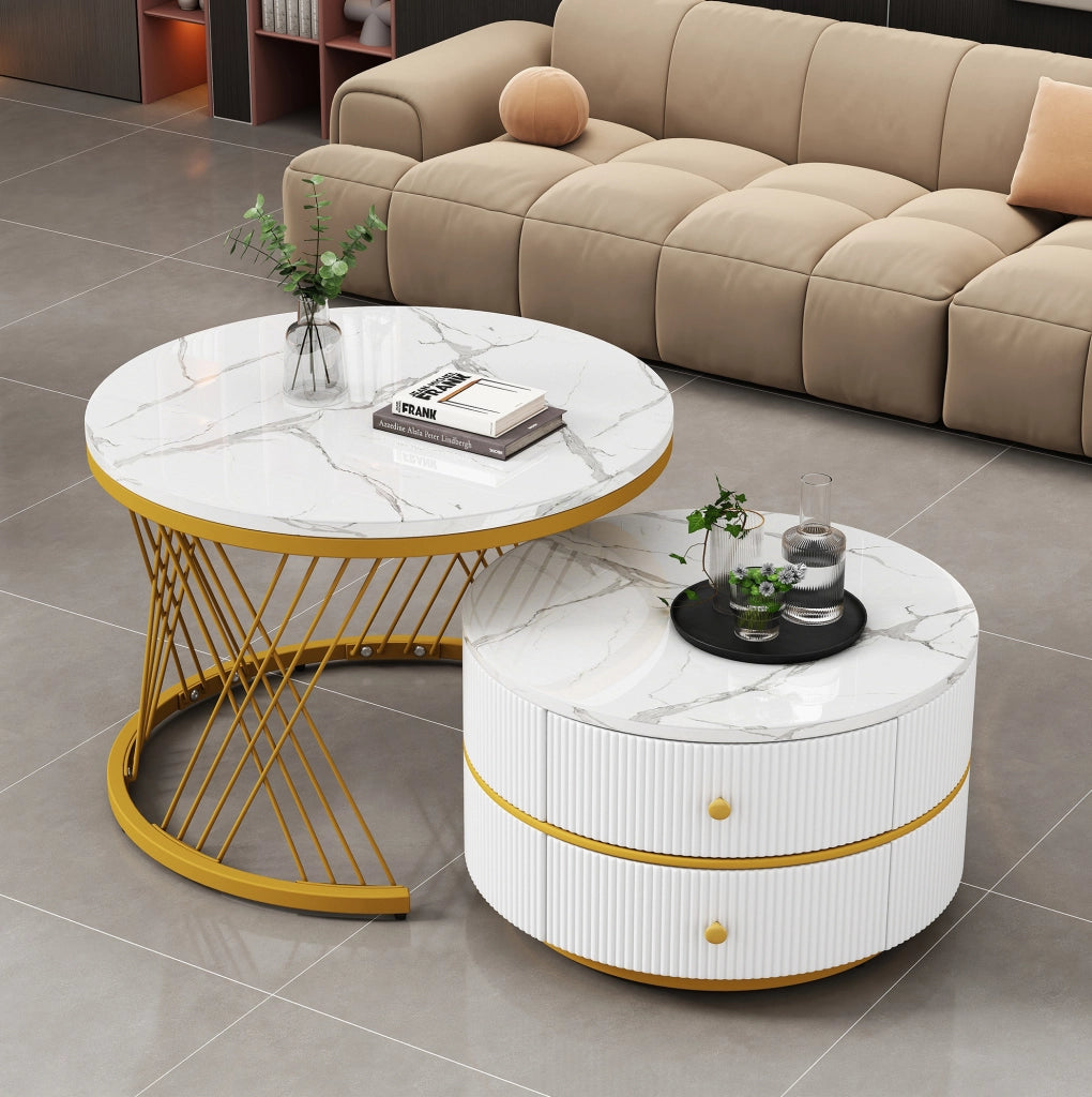 Set di 2 tavolini da caffè rotondi a incastro 60 e 50 cm MDF bianco， 2 cassetti