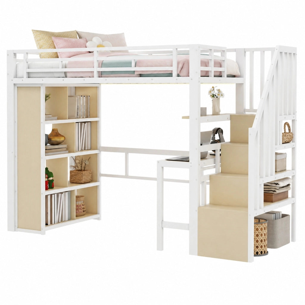 Letto a soppalco 90x200 cm con scrivania; LED e gradini contenitore in metallo e MDF; bianco