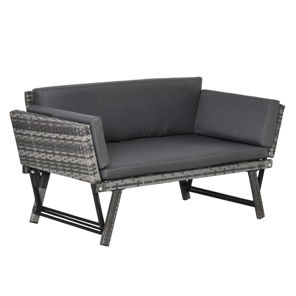 Divano da Giardino 2 Posti con Imbottitura e Braccioli Ribaltabili 129x63x67 cm in Rattan Grigio