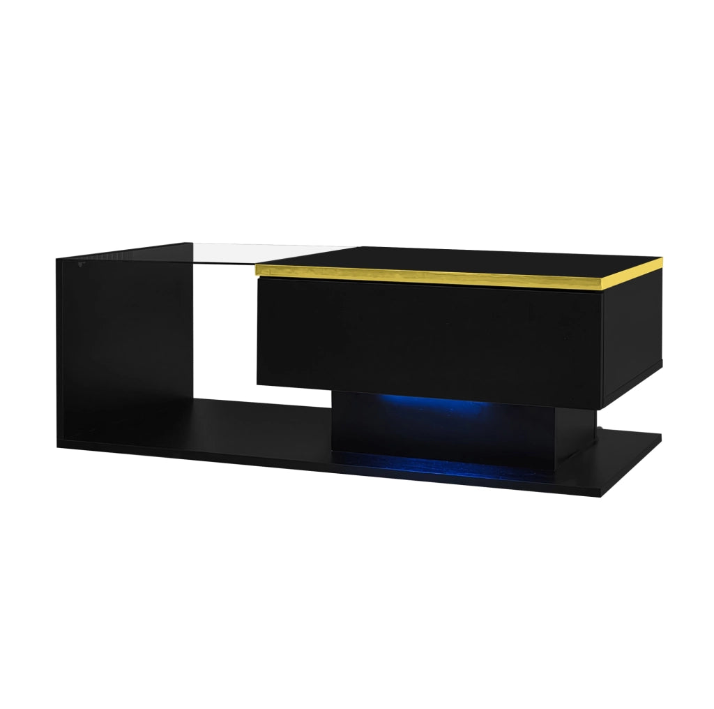Tavolino da salotto 90x50 cm in nero lucido con piano in vetro temperato e LED a 16 colori
