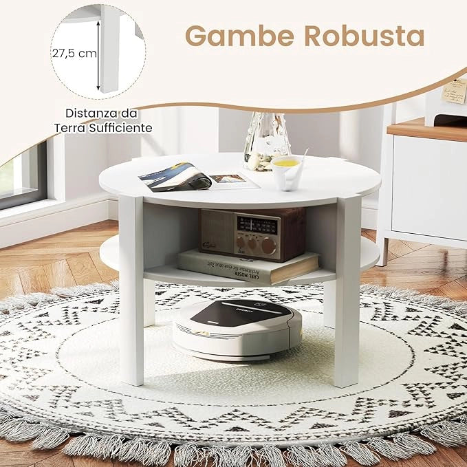 Tavolino da Caffè Rotondo con Ripiano Diviso a 4, Tavolino Basso in Legno Moderno, Tavolo per Salotto, Soggiorno e Cameretta, 74,5 x 74,5 x 45,5 cm, Bianco (Bianco)