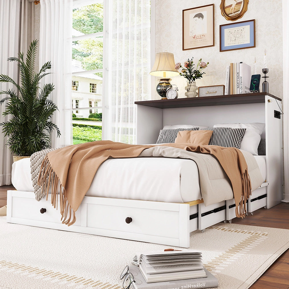 Letto a scomparsa con USB - Xylo - 140x200 cm - Bianco - Cassetti e mensola