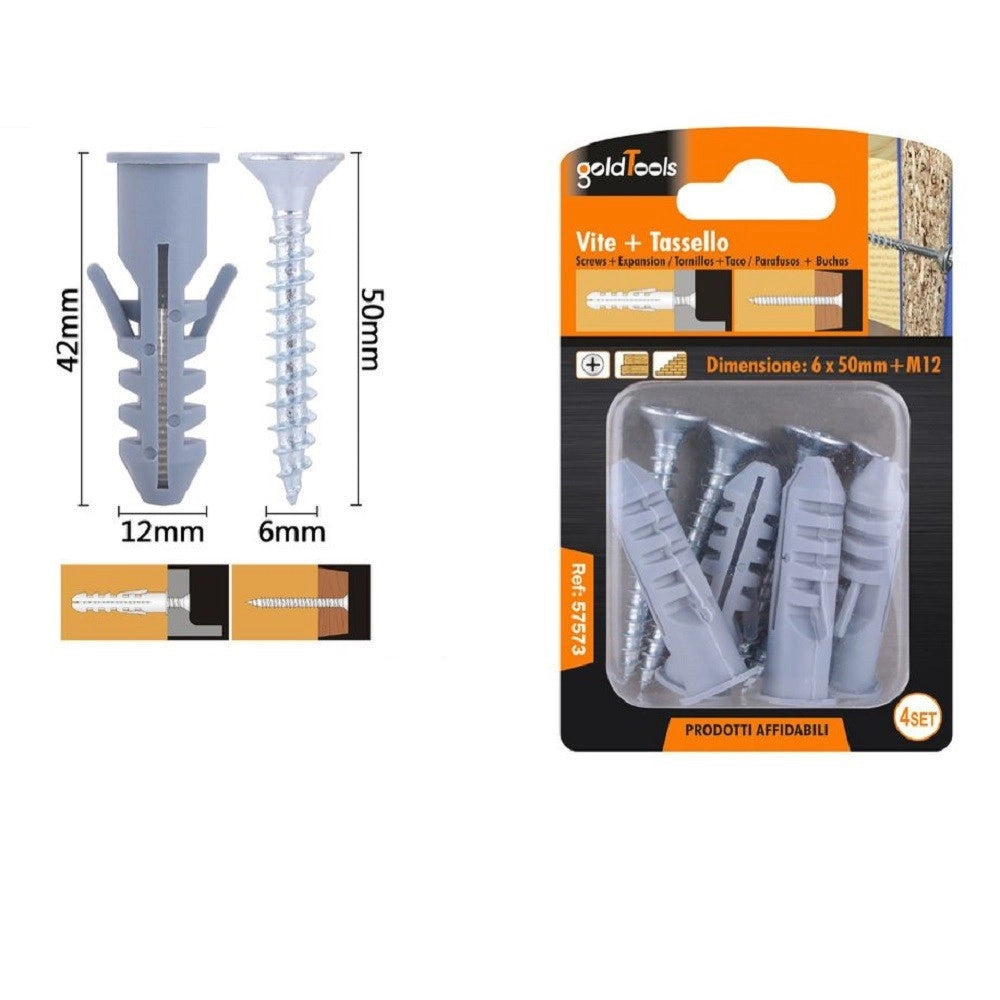 Trade Shop - Set 4pz Viti Vite Croce 6x50 Mm + Tasselli Con Alette Tassello M12 Fischer 57573 -