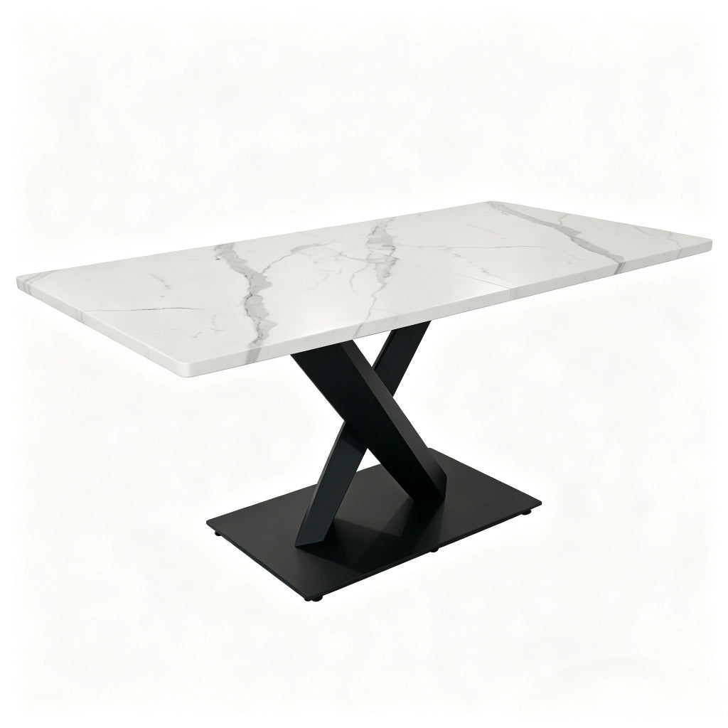 Tavolo da Pranzo Rettangolare ¨C MINIMAL ¨C Bianco Effetto Marmo, Piano MDF, Gambe Metallo Nero
