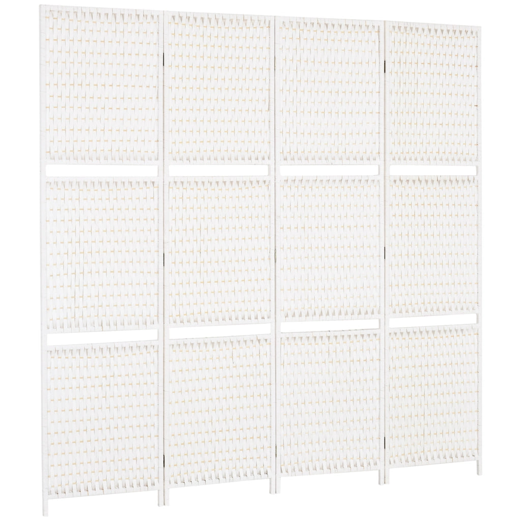 Paravento Divisorio a 4 Pannelli Pieghevole con 2 Ripiani in Legno e Bambu Bianco per Casa e Camera 181 x 180 cm