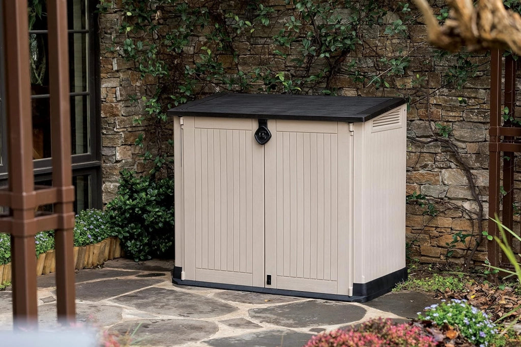 Baule porta attrezzi da esterno in resina effetto legno con doppia anta Store It Out Midi beige marrone Keter