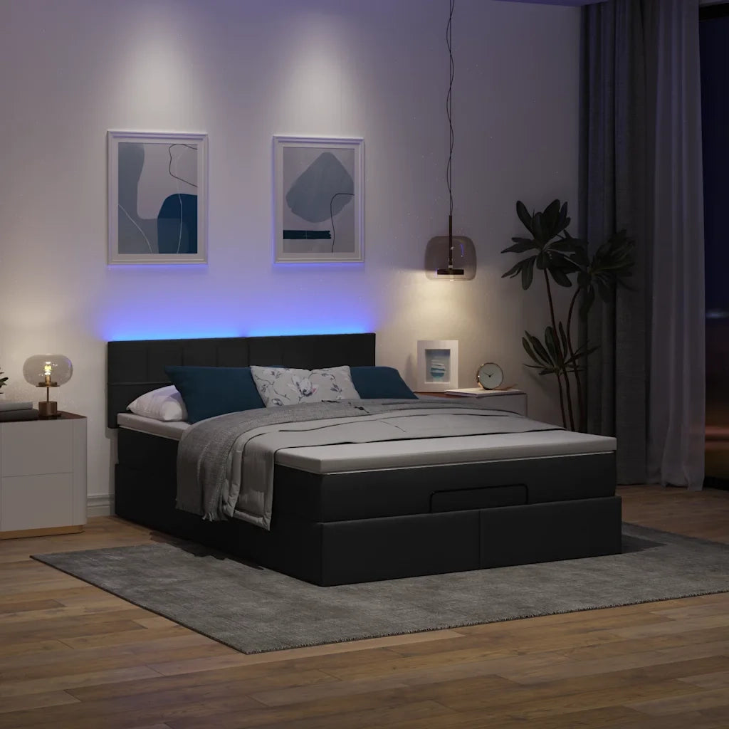 Pouf Letto con Materasso e LED Nero 140x200 cm in Tessuto