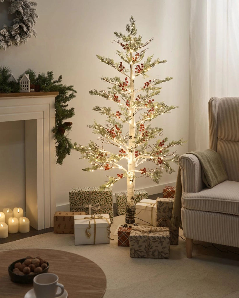 Albero di Natale artificiale in materiale sintetico bianco 160 cm Luci LED Bacche rosse Decorazioni natalizie tradizionali per interni ed esterni