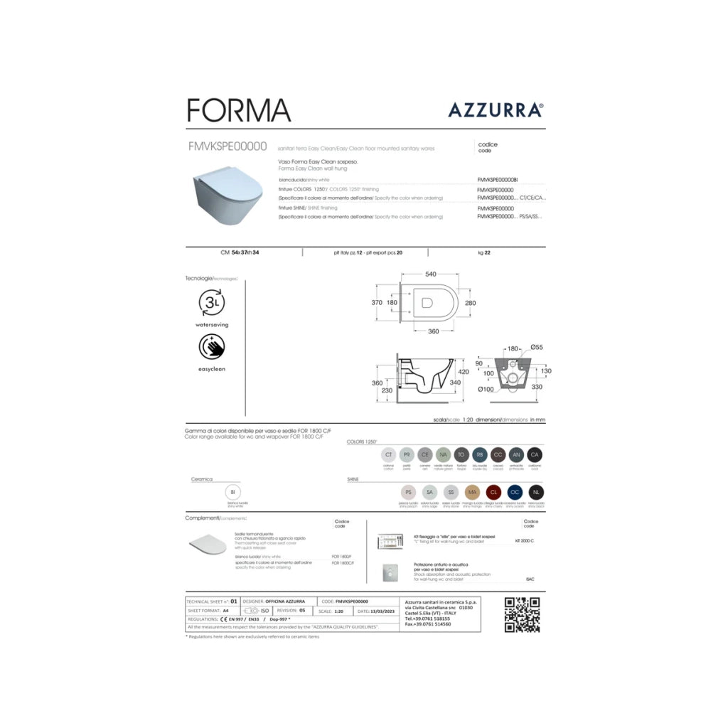 Wc Sospeso Senza Brida Azzurra Ceramica "Forma" Bianco Lucido