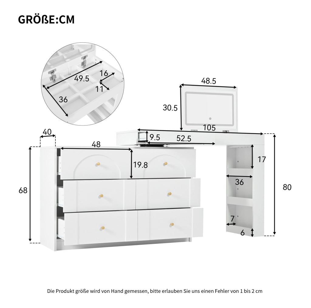 Toeletta girevole ULEVR 105x40x80 cm con specchio LED, 7 cassetti e piano richiudibile, bianca
