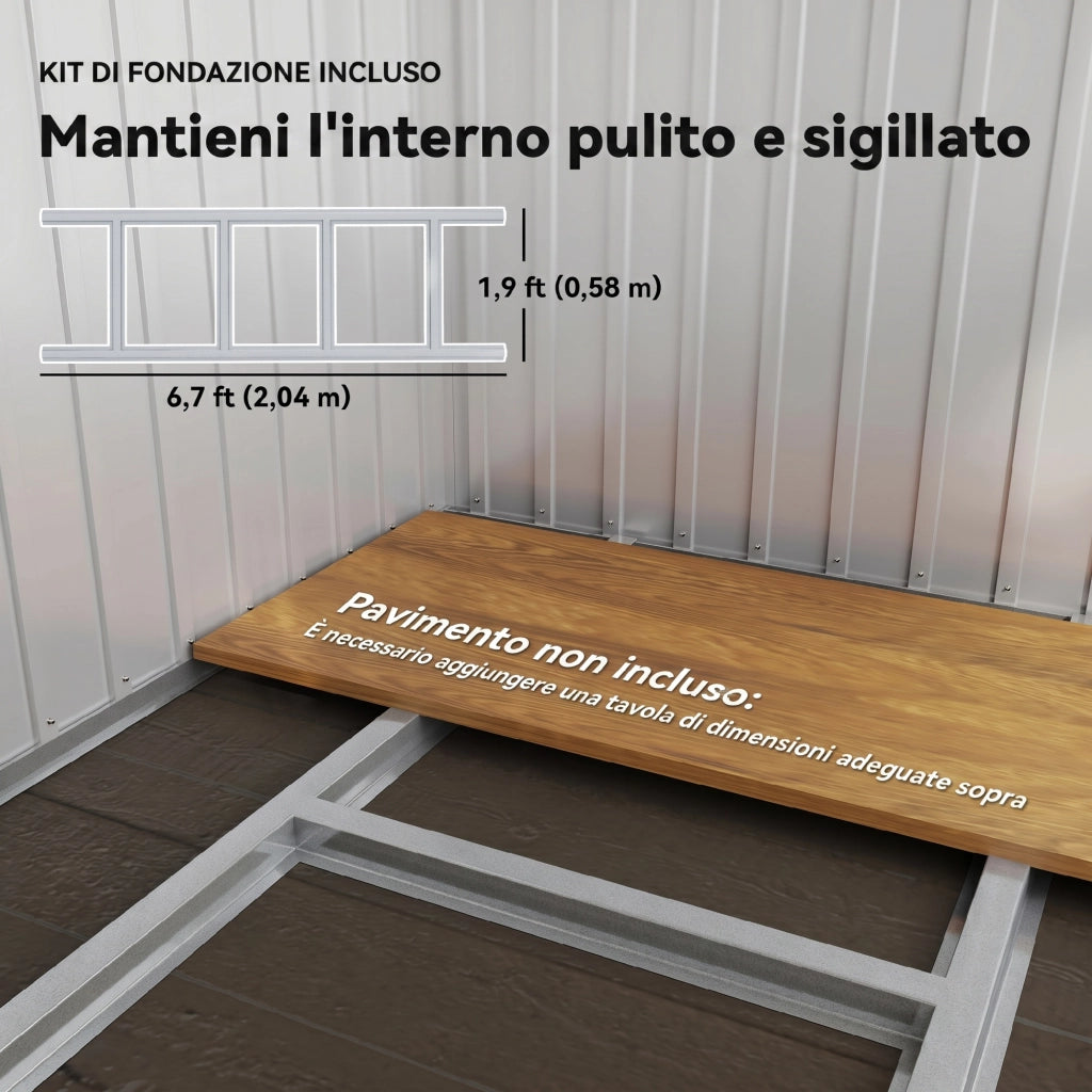 Casetta Box da Giardino 211x133x173/190 cm con Kit di Fondazione Porta Blocco Tetto Inclinato in Acciaio Zincato Grigio