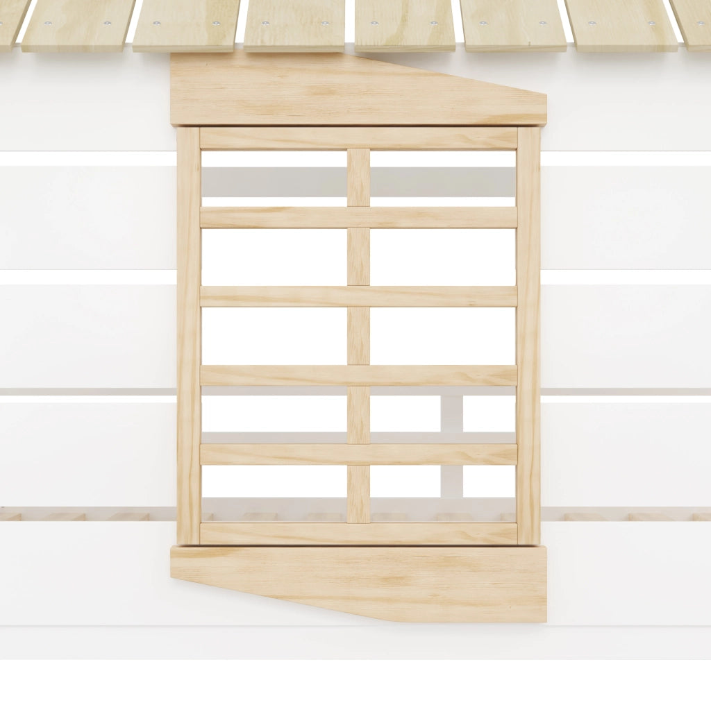 Letto a castello a casetta 90 x 200 cm con scivolo e 2 cassetti; bianco e naturale