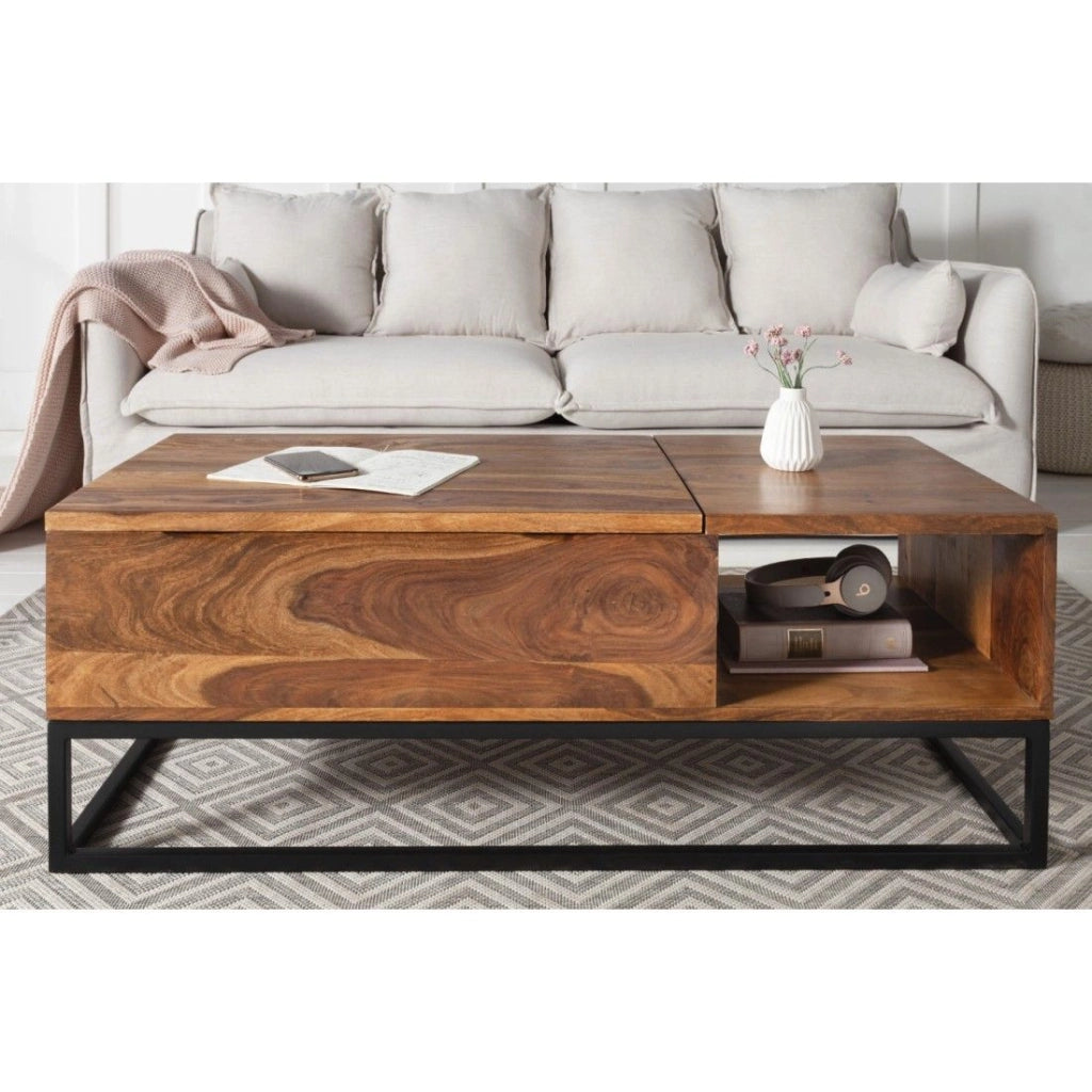 Tavolino basso ORBO in legno massiccio 110 cm – Piano sollevabile e contenitori integrati