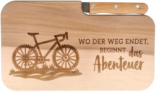 Tavolo per snack con lama e incisione "Dove la strada finisce, inizia l'avventura" – tavolo in legno con lama – ideale come regalo per ciclisti e appassionati di outdoor