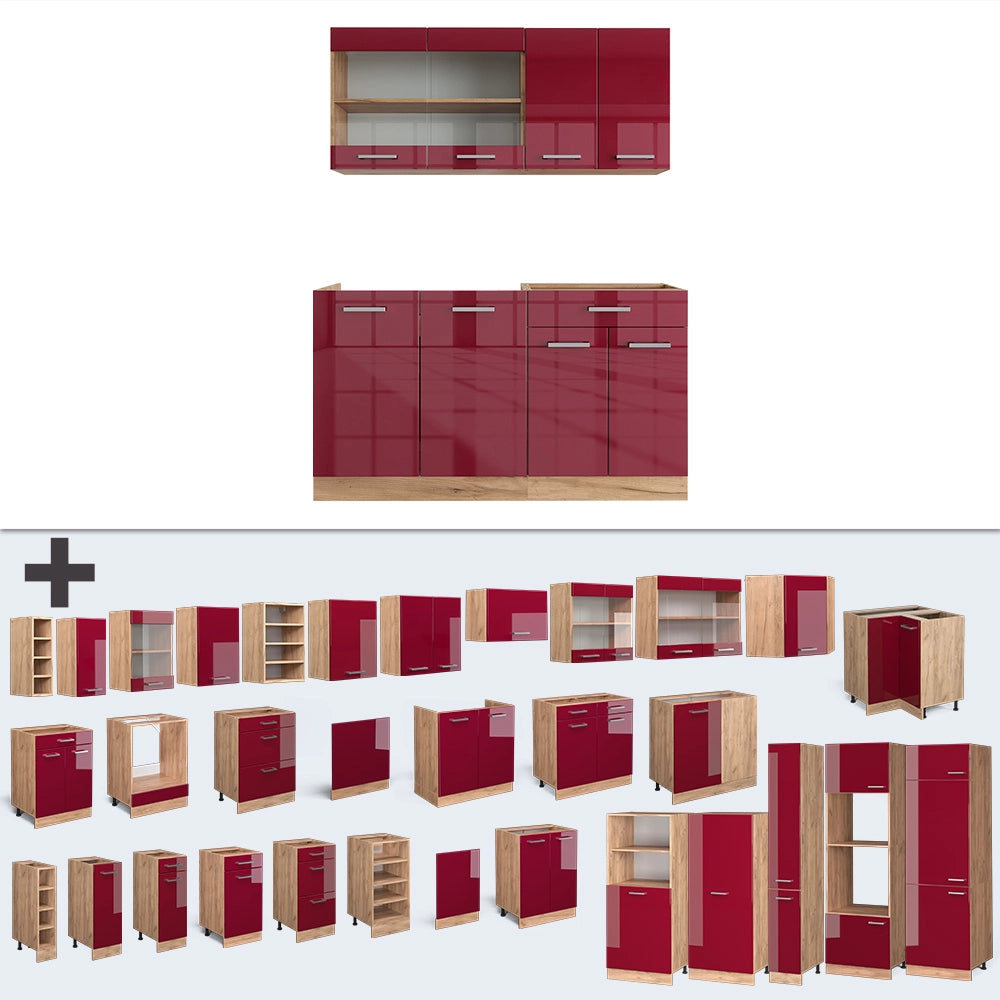 Vicco Cucina monoblocco Rosso lucido/rovere dorato 140 cm , PL Marmo
