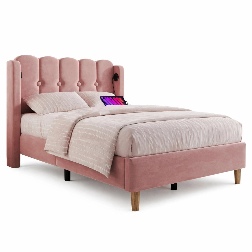 Letto singolo imbottito 90x200 cm in velluto rosa con porta USB e Type-C