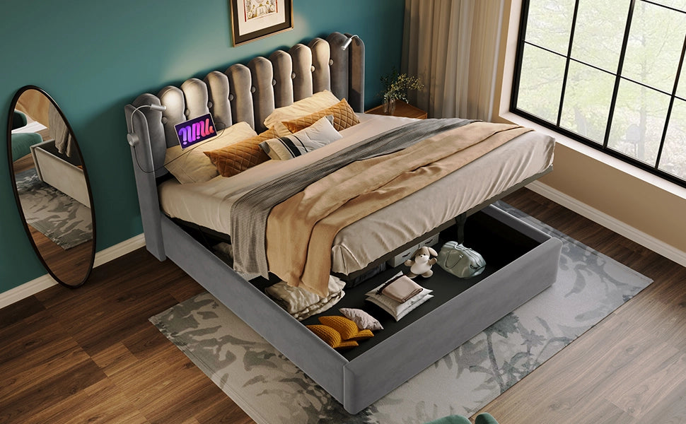 DESMIU Letto Contenitore Letto Matrimoniale con USB, Luce da Lettura e Vano 160 × 200 cm senza materasso