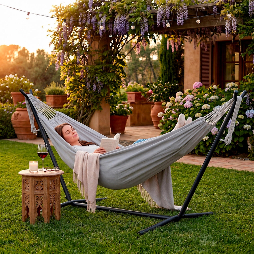 Amaca Da Giardino Con Supporto In Acciaio Portata 200 Kg Altezza Regolabile Telo Cotone Resistente Amaca Brasiliana Esterno Terrazzo Piscina Balcone Con Borsa 265 x 110 x 100 Cm Grigio