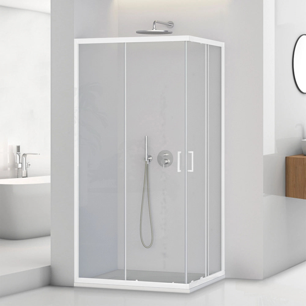 Box doccia angolare 70x90 in vetro temperato trasparente doppio scorrevole con profili bianchi Tay