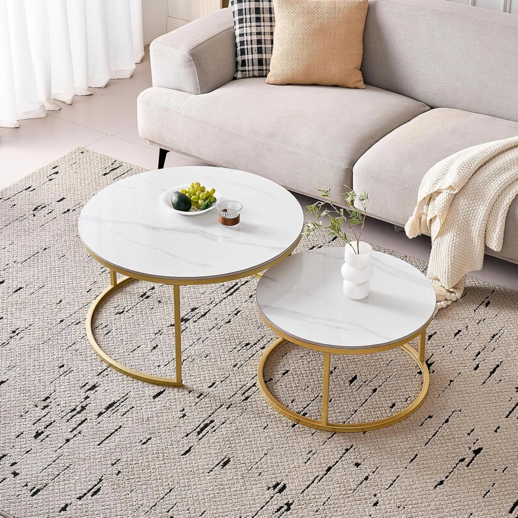 GrandCA HOME Set di 2 Tavolini Rotondi da Caffè, Tavolini Impilabili Moderni per il Soggiorno, Struttura in Metallo Nero, 50 cm e 70 cm, Realizzati in Marmo Pandora e Pietra Sinterizzata