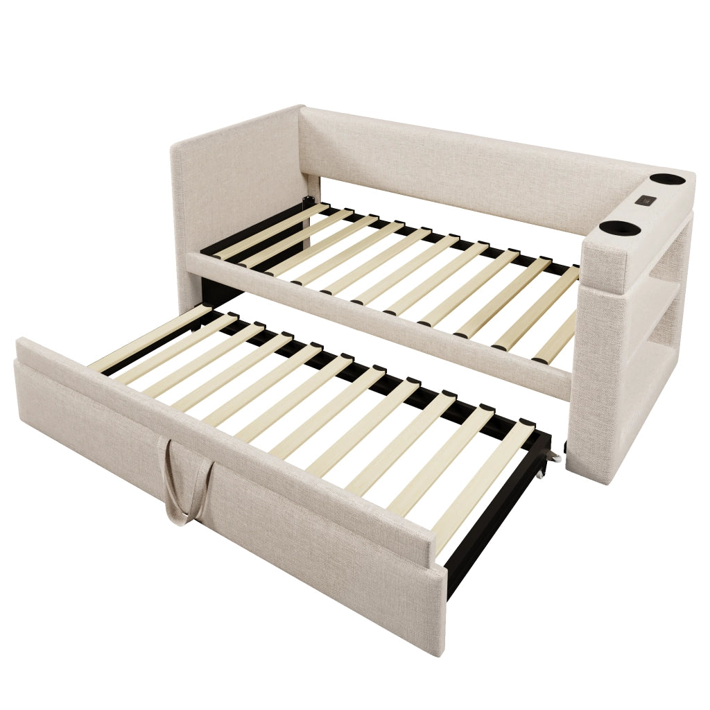 Letto Estraibile 90x190 cm - USB; Type-C e Portabicchieri - in Tessuto - Beige