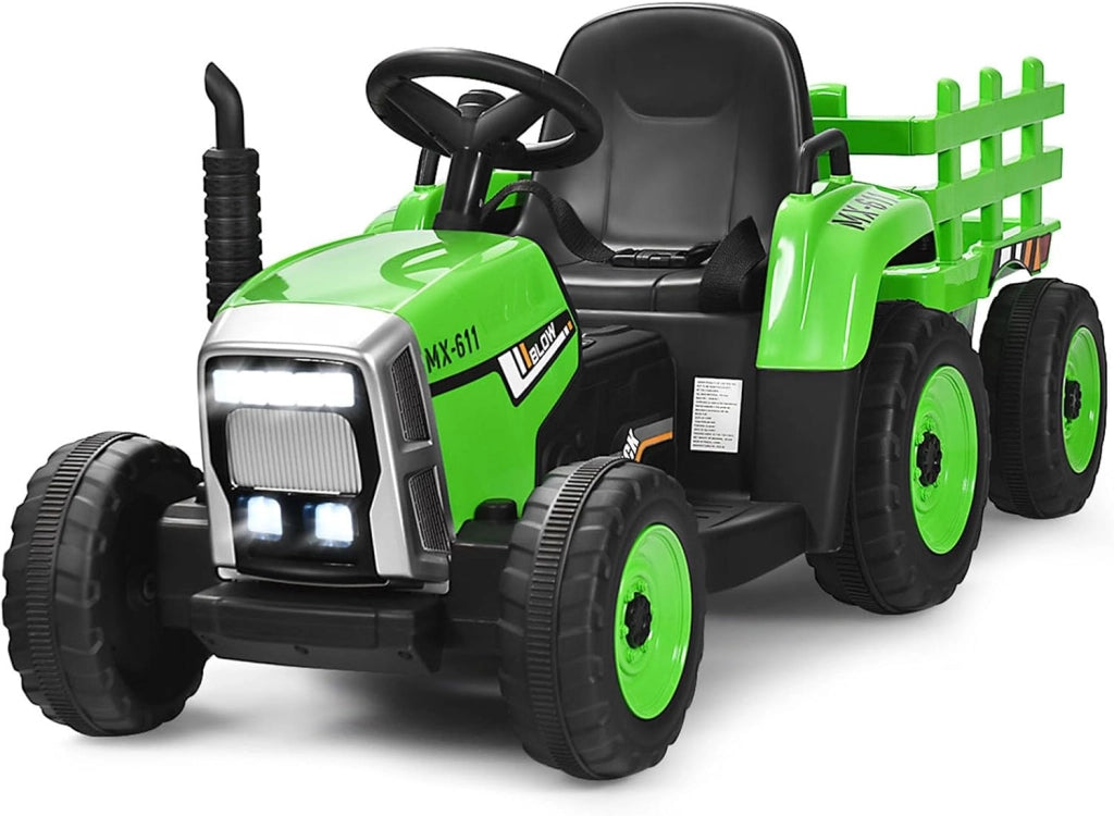 Trattore con Rimorchio Cavalcabile per Bambini 12V, Trattore Elettrico Telecomandato, con Luci e Suoni, 30kg, 3+ Anni (Verde)