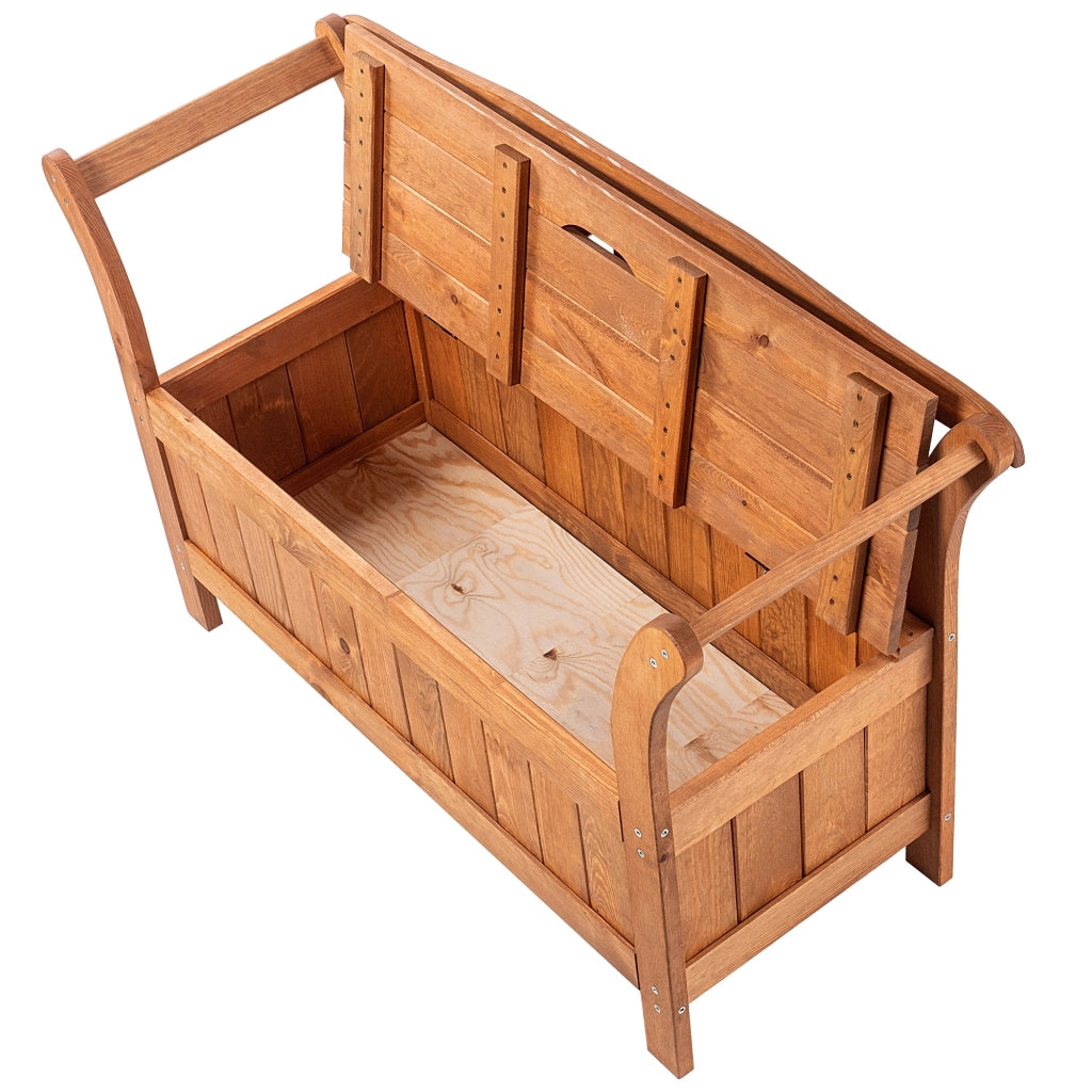 Panchina da giardino in legno KADAX con schienale, 119 cm, per terrazzo, con contenitore in rovere