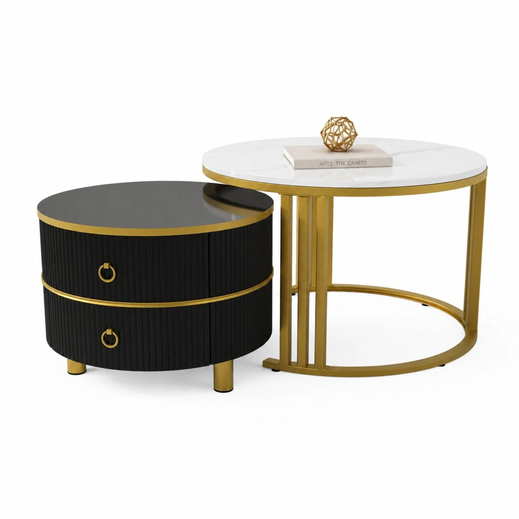 Set di 2 tavolini da caffè rotondi in MDF nero con piano effetto marmo e finitura lucida