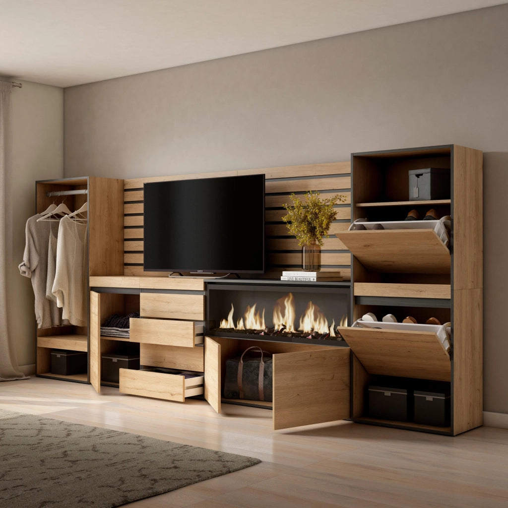 Credenza, 334x35x145cm, Camera da letto, Camino elettrico XXL, Cassettiera, Scarpiera, Armadio Aperto, colore Rovere RF3400