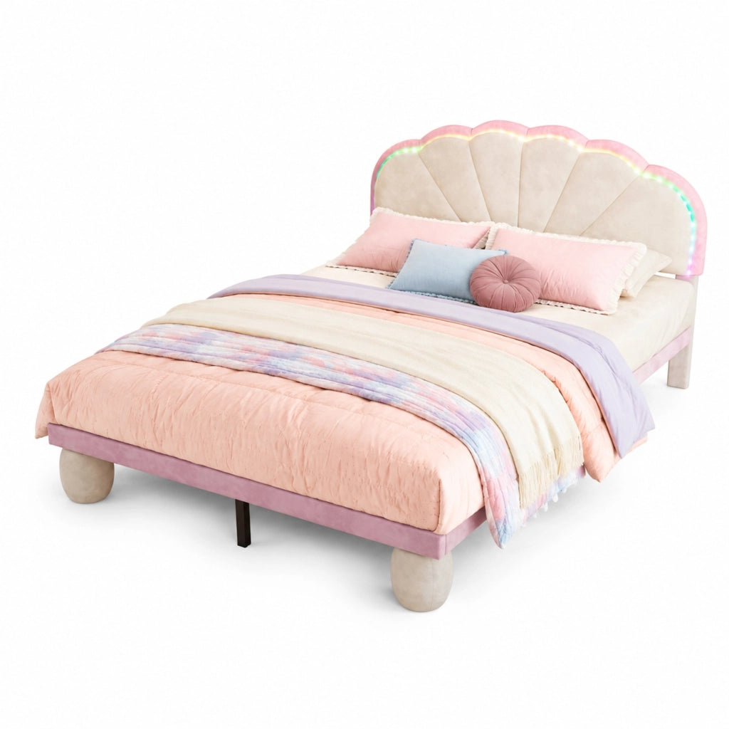 Letto matrimoniale imbottito 140x200 cm in velluto beige con strisce LED multicolore