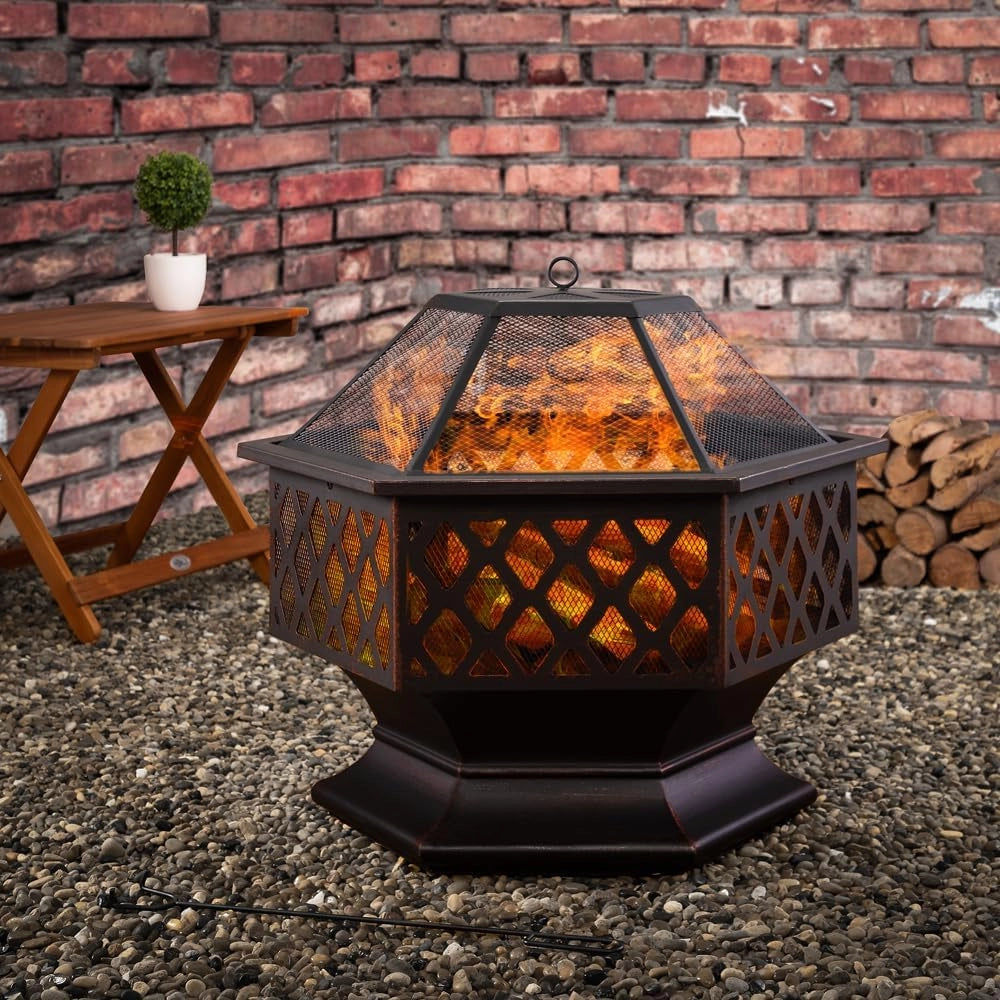 ® Braciere Esagonale 70x60,5cm Acciaio Parascintille Attizzatoio Bracieri Esterno Giardino