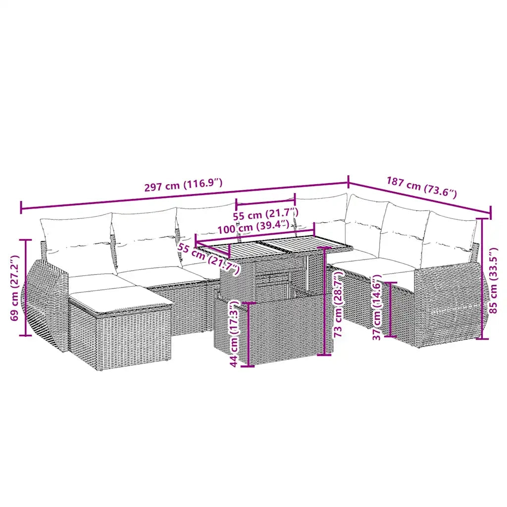 Set Divano da Giardino 9 pz con Cuscini Beige in Polyrattan