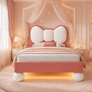Letto imbottito per bambini 90x200 cm in velluto rosa con testiera a fiocco e LED