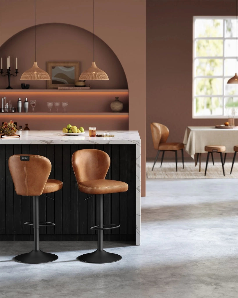 Sgabello da bar girevole a 360° set da 2 altezza regolabile schienale in PU con cuciture stile moderno di metà secolo per cucina/bar facile da montare marrone 12_0005382