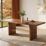 Tavolo da pranzo per 6-8 persone in MDF, piano spesso 4 cm, effetto noce e dettagli oro, per sala da pranzo, 180 × 75 cm