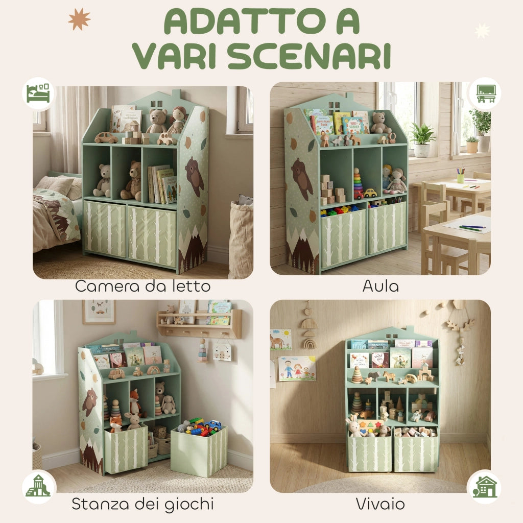 Libreria per Bambini a 3 Livelli con Cassetti e Scaffali, in Legno e Tessuto, 62.5x30x91.5 cm, Verde