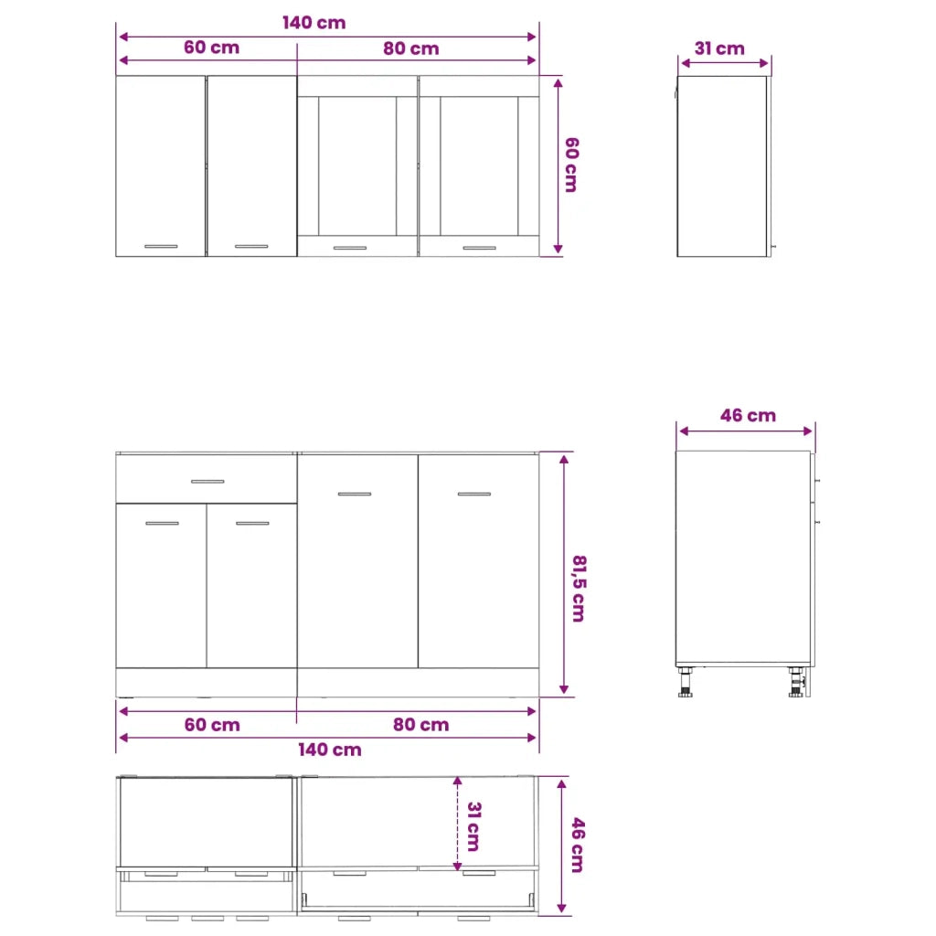 Unità Cucina Lyon 4 pcs Rovere Nero Legno ingegnerizzato 3445848