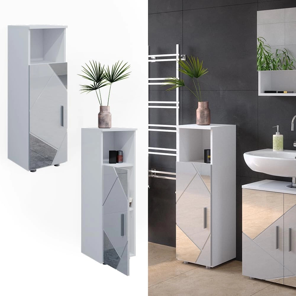 Mobiletto bagno Irma, Bianco lucido con inserti, 30 x 95 cm, per la conservazione di accessori da bagno e combinabile con Irma